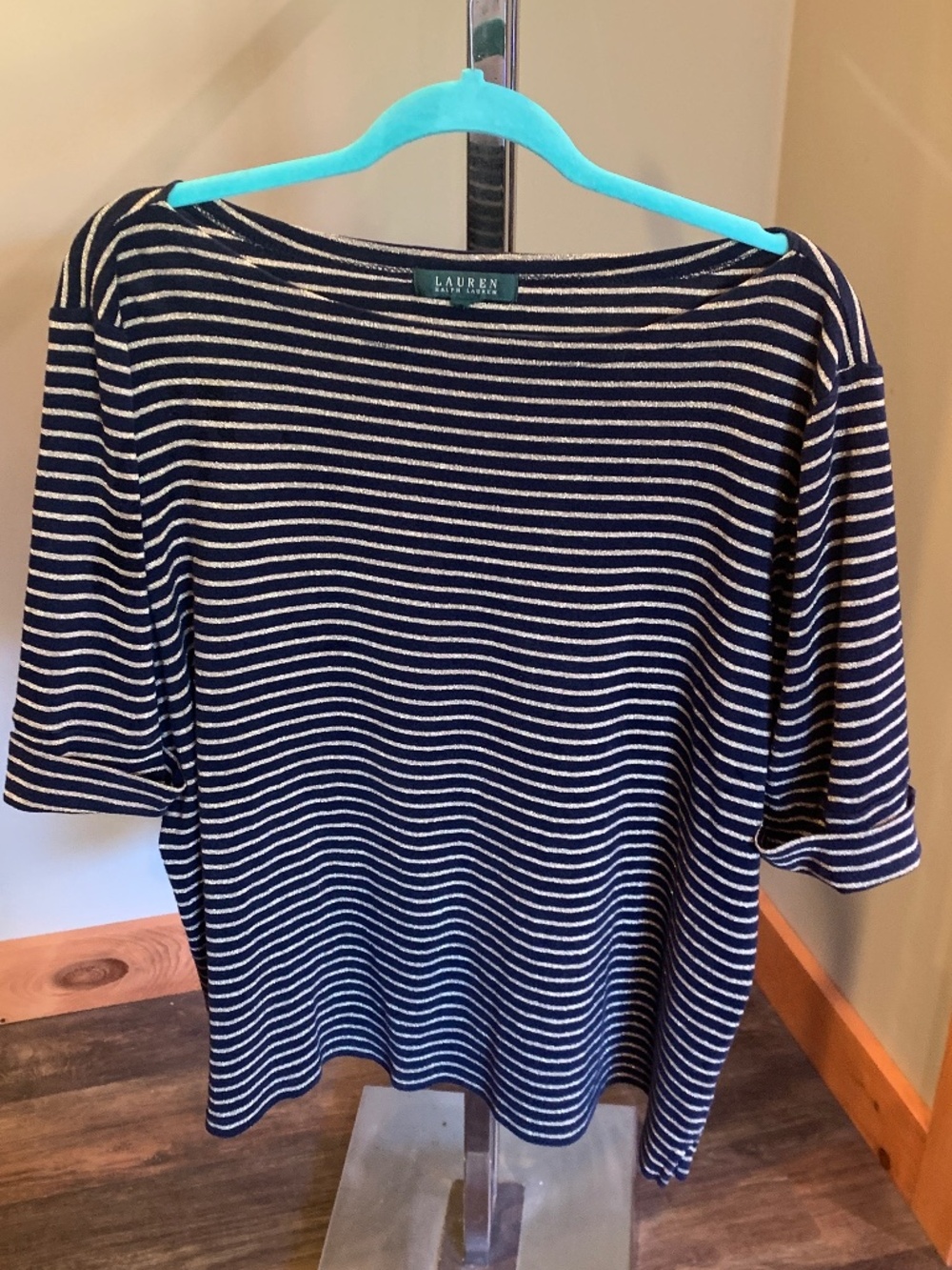 Lauren Womens Navy and Gold Glitter Stripe Boat Neck Sweater 2X